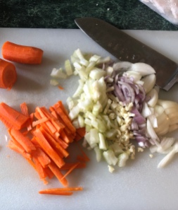 Chopped, sliced and julienned vegetables.